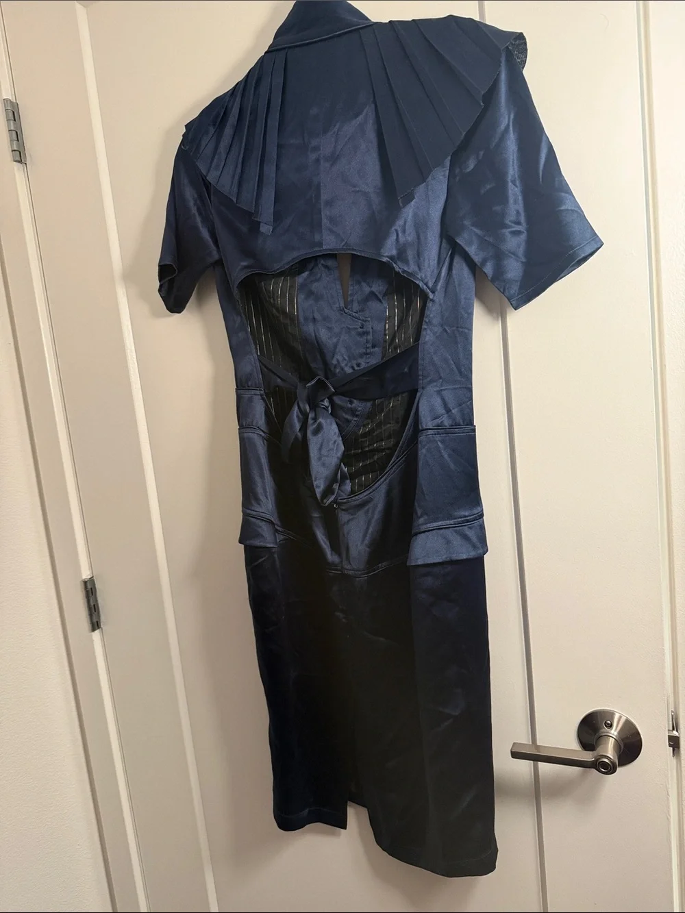 Navy Satin-Effect Pleated Shoulder Midi Dress